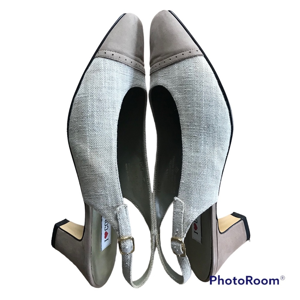 Vintage Sears Sling Back Heels - Manhattan - Linen and Taupe - Size 10